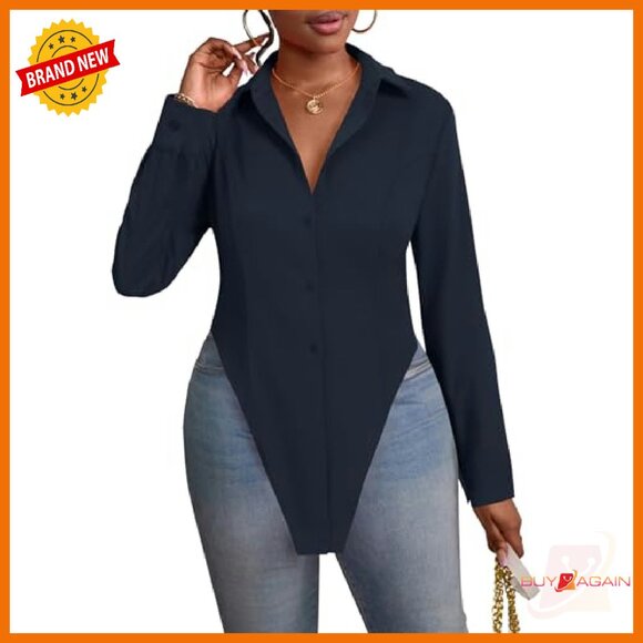 Long Sleeve V Neck Button Down Tunic Top with Slit Hem - Picture 5 of 8